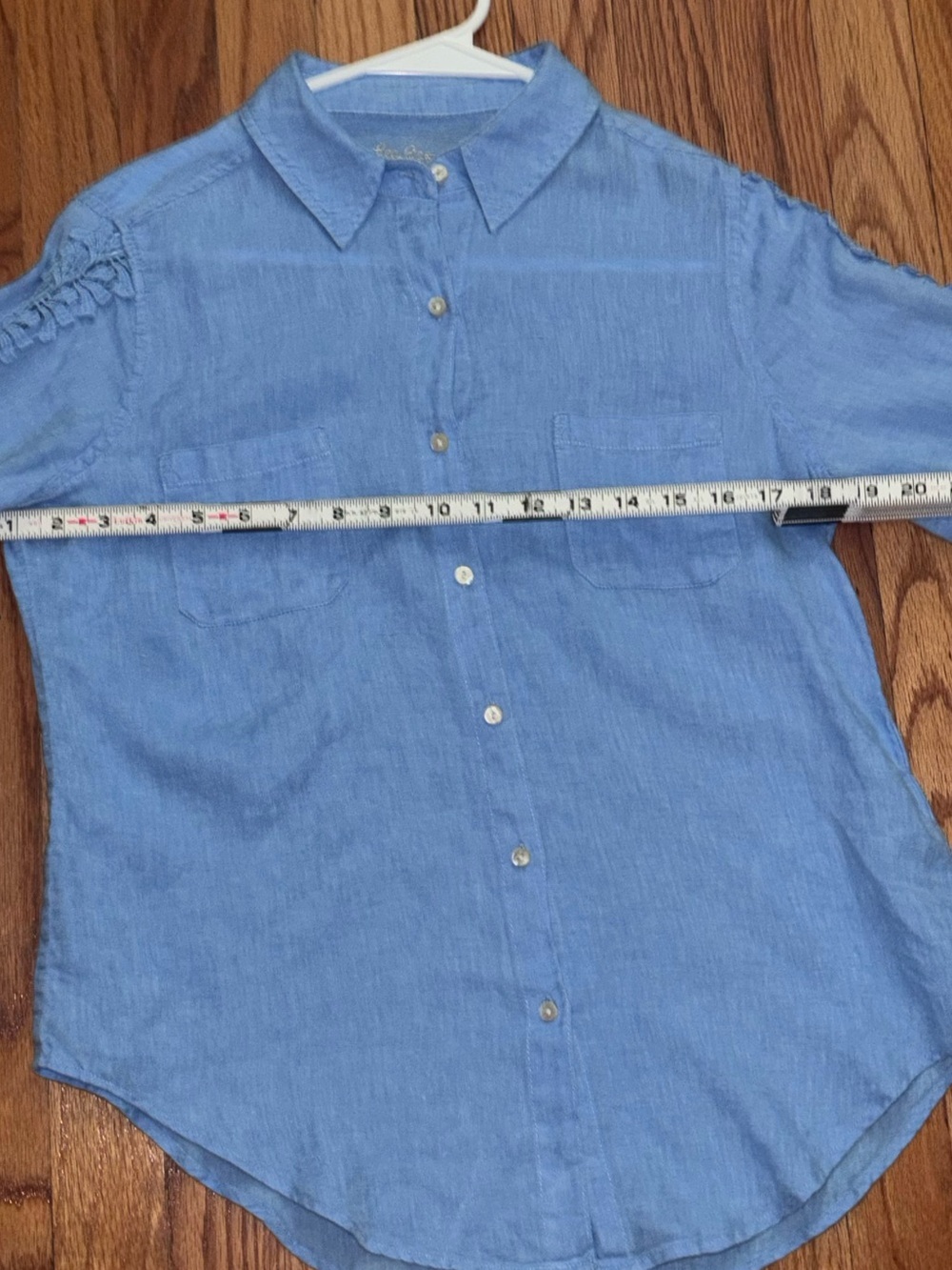 Lilly Pulitzer Blue 100% Linen Lace Sleeve Button Front Shirt Women’s XS - Picture 9 of 10
